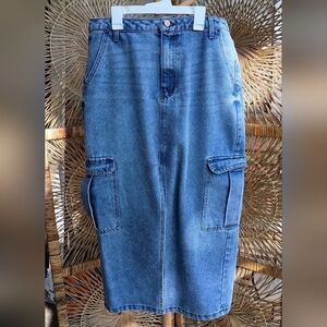 Love Fire 100% Cotton Denim Cargo Midi Skirt_13